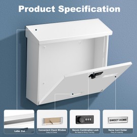 KINGCEPHAS Outside Wall-Mounted Mailbox with Combination Lock, Large Capacity, Wall Mount Waterproof Postbox, Wall Installed Outdoor High Rust Resistance Letterbox, Metal Code Lock (White)