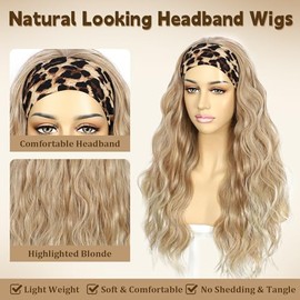 SAPPHIREWIGS Body Wave Diadema Pelucas Para Mujeres Rubio Miel Con Puntas Pelo Sintético Desgaste Y Ir Peluca Sin Pegamento Natural Largo Ondulado Med