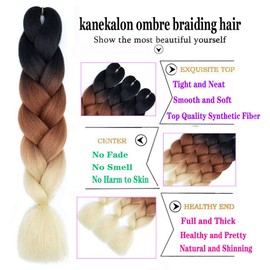 blonde braiding hair Extensions for Women Kanekalon Braiding Hair Ombre Jumbo Braiding Hair Extensions Synthetic Braiding Hair for Twist Crochet Braids (6 Packs Black-Brown-Blonde）