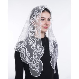 Bozidol White Mantilla Triangular Embroidered Sacred Heart Camellia Veil for Women Catholic Mass, Religious Lace Head Coverings for Chapel Prayer Communication Baptism Gifts Spanish Latin Veils