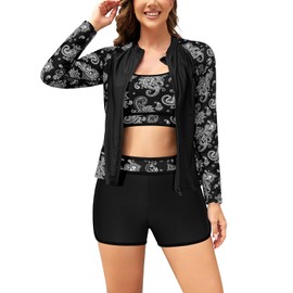SHEKINI Women's 3 Piece Rash Guard Long Sleeve Swimsuits Zip Up Sun Protection Swimming Shirts Built in Bra with Boyshorts, Black+Prints, M