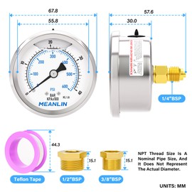 MEANLIN MEASURE 0-40bar/600PSI Stainless Steel 1/4" BSP 2.5" Face Dial Fluid Filled Pressure Gauge WOG Water Oil Air Back Panel Mounting, with 1/4" x 1/2" BSP and 1/4" x 3/8" BSP Hex Socket