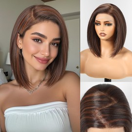HAIRCUBE 13x6 HD Synthetic Lace Front Wig, 10 Inch Brown with Highlight Bob Wig Natural Density Hairline Straight Glueless Wig for Women Daily Use