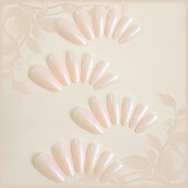 Press on Nails with Chrome Metal Design, Chrome Manicure Art Acrylic Medium Almond Full Cover Fake Nails Stick on Nails Glossy Nude Chrome Mirror False Nails Gel Glue on Nail for Women Girls 24Pcs