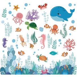 Tanlaby Under The Sea Wall Decal Ocean Fish Creatures Wall Stickers Dolphin Turtle Ocean Grass Wall Art Sticker for Kids Baby Nursery Bedroom Playroom Bathroom Wall Decor