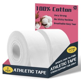 Athletic Tape, 2 Pack White Sports Tape Athletic, Strong-Breathable-Easy Tear-No Sticky Residue, Wrist Ankle Tape for Lacrosse Boxing Gymnastics Climbing Soccer Hockey Bat Injuries Medical(1.5 Inches)