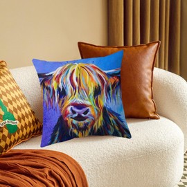 Cushion Cover Highland Cow Decorations Scottish Gifts Colorful Printed Throw Pillow Case Cushion Covers Highland Cow Gifts Watercolour Farmhouse Decor for Home Livingroom Couch Sofa 18"X18"(45x45 cm)