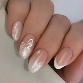 Christmas Press On Nails Short Medium Almond Fake Nails, French Snowflake Bow Glitter Acrylic Full Cover False Nails Set, Natural Perfectly Reusable Stick On Nails Suitable for Women Girls