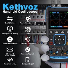 Kethvoz Handheld Oscilloscope 10000 Counts Digital Multimeter Signal generator with 2 Channel/10MHz Bandwidth 50MS/s Sampling Rate for Automotive DC/AC Voltage Current Test Portable Oscilloscope