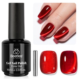 Beetles Red Cat Eye Gel Nail Polish - 15ML Red Glass Cat Eye Glitter Gel Polish with Magnet Shimmer Sheer Gel Soak Off UV Mesmerising Ruby Collection Nail Art Design Manicure Gifts for Women