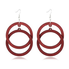 Bohemian Unique Handmade Wooden Hoop Splicing Earrings Retro Statement Colorful Contrast Wood Geometric Lightweight Dangle Drop Earrings for Women (Wine Red Hollow Earrings)