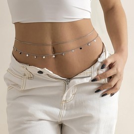 Layered Beaded Waist Chain for Women - Gold/Silver Belly Bikini Body Chain - Summer Beach Stomach Jewelry - Adjustable for Women and Girls (Silver)