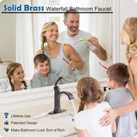HEYMYTAP Brass Oil Rubbed Bronze Bathroom Faucet 1 Hole, Waterfall Bathroom Sink Faucet 4 Inch 3 Hole Single Handle with Pop-up Drain, Pre-Installed Water Hoses, Deck Plate for Farmhouse Vanity Sink