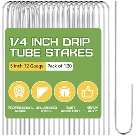120 PCS Irrigation Drip Tubing Landscape Staples 5 Inch J Shape Garden Stakes Galvanized Landscape Pins for 1/4 Inch Irrigation Hose Lawn Nails 1/4 Inch to 1/2 Inch Loop Stake for Drip Tubing