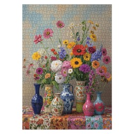 Flower Puzzle for Adults 1000 Pieces, Vintage Plant Floral Jigsaw Puzzle, Colorful Garden Pretty Spring Sunflower Wildflower Hydrangea Daisy Flower Vase Puzzle