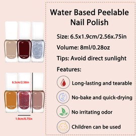 Quick Dry Nail Polish Set Fingernail, 8 ml Easy Peel Off Nail Polish Water Based and Not Gel Finger Nail Polish Kit Set Regular Nail Polish for Girls,Teens and Women(6 Bottles)