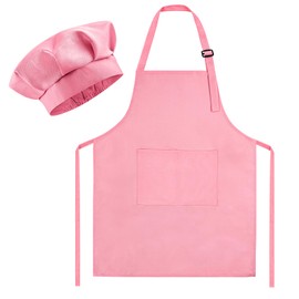 Morcheiong Kids Chef Hat and Apron Set, Adjustable Pink Children's Painting Apron and Chef Hat with 2 Large Pocket for Kids Cooking Painting Baking Activity