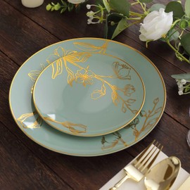 Tableclothsfactory Set of 20 Dusty Sage Green Plastic Party Plates with Metallic Gold Floral Design, Disposable Round Dinner and Dessert Plates - 10" / 7"