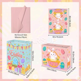 2 PACK Easter Gift Bags, 13 x 10.2 x 4.9 in, with Cards and Tissue Paper, Spring Holiday Paper Bags for Xmas Party Favor, Gift Wrapping