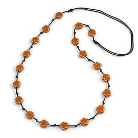 Avalaya Dusty Orange Ceramic Flower Bead Black Silk Cord Long Necklace - 95cm Long