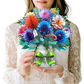 3D Dahlia Pop-Up Flower Card | Birthday, Anniversary, Mother’s Day Floral Bouquet | Elegant Greeting Card with Paper Silver Vase & Green Bow Design | Special Occasion, Thank You, & Congratulatory Card