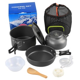 AIMALL Outdoor Camping Cookware Set DS-308, Portable Alumina Teapot and Pots with Accessories, Compact Combination for Hiking and Picnics, Orange and Black