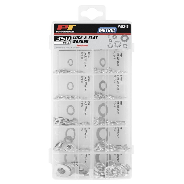 Performance Tool W5245 280-Piece Metric Washer Assortment - Includes Lock and Flat Washers in Various Sizes - Durable Storage Case Included