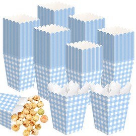 Gueevin 100 Pcs Mini Popcorn Boxes Gingham Blue Popcorn Boxes with Scalloped Small Gingham Blue Party Favor Bulk for Movie Night Decorations Bridal Baby Shower Party Supplies