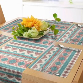 Ambesonne Tribal Table Runner & Placemats, Vintage Design Native Style Geometric Triangles Print, Set for Dining Table Decor, Placemat 4 pcs + Runner 16"x72", Peach Cream