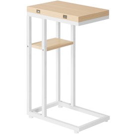 HOOBRO Foldable End Table, C Shaped Side Table with Storage Shelf, Small Snack Table Suitable for Living Room Bedroom Small Spaces, Easy Assembly, White and Natural WN29SF01