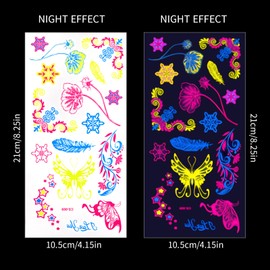 Glow in The Dark Temporary Tattoos Fluorescence UV Neon Tattoo Stickers Rave Festival Accessories Face Body Paint Makeup Waterproof Fake Tattoos for Adults Women Men Blacklight Party Supplies 12PCS