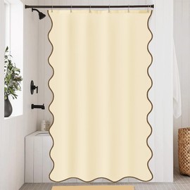ORTIGIA Beige Shower Curtain with Brown Scalloped Edge, Farmhouse Neutral Cream Aesthetic Boho Small Stall Shower Curtain Waterproof Fabric Bath Bathroom Decor with Metal Hook 36 W x 72 H Inch