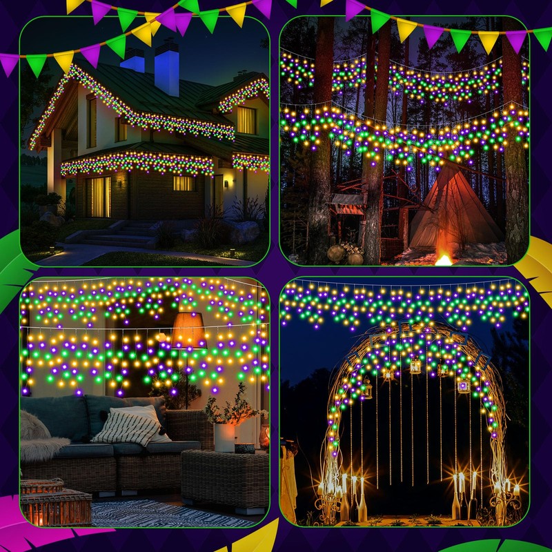 65ft Green Yellow Purple Mardi Gras Light Solar Icicle Light
