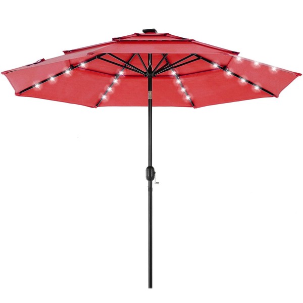 DUMOS 9.2FT 3-Tier Patio Outdoor Umbrella with Solar 32 LED