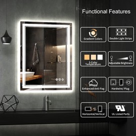 VanPokins LED Bathroom Mirror, 24x32 Inch Gradient Front and Backlit LED Mirror for Bathroom, 3 Colors Dimmable CRI>90 Double Lights, IP54 Enhanced Anti-Fog, Hanging Plates Vanity Mirror with Lights