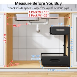 2 Pack Under Sink Organizer, 2 Tier Large Pull Out Cabinet Organizer, Metal Slide Out Storage Shelves with Mesh Sliding Drawers, Adjustable Height for Kitchen Bathroom Laundry Pantry Office,Black