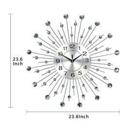 SHUNZY Wall Clocks for Living Room Decor Modern Silent Wall Clock Battery Operated Non-Ticking for Bedroom Kitchen Office Home Decoration 24 Inch Silver Drop Crystal Wall Watch Clock for Indoor