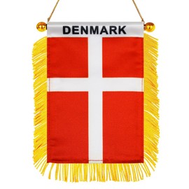 Denmark Hanging Flag with Suction Cup 4x6 Inch - Double Sided Danish Dane Mini Banner for Car Rearview Mirror and Window Decor