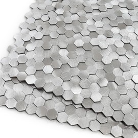 M MOFIT 3D Metal Peel and Stick Backsplash for Kitchen,Mini Hexagon Tile Stickers Self Adhesive Wall Tiles Heat Resistant(8 Sheets,Silver)