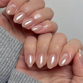 SXVME Chrome Nude Press on Nails Short Oval, Short False Nails Almond, Glossy Glazed Glitter Fake Nails Set, Sparkly Bling, Reusable Round Acrylic Stick on Nail for Women 24 Pcs