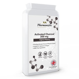 Activated Charcoal 300mg Vegan 120 Capsules (not Tablets) -Steam Activated from Coconut - Contributes to Reducing Excessive Flatulence - Natural Relief- Keto Friendly - UK Manufactured by Pharmanostix