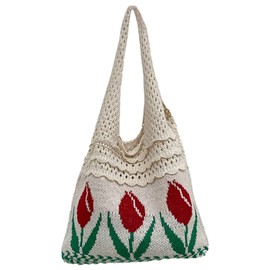 Anopo Women's Crochet Tote Bag Aesthetic Fairy Hobo Bag Flower Shoulder Bag Mesh Beach Bag Summer Accessories White