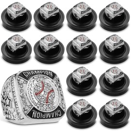 Landical 12 Pcs Baseball Rings Baseball Championship Trophy Rings Sport Ball Games Award Gift with Display Neck Chain and Stand for Tournament or League Champion Winner(Silver)