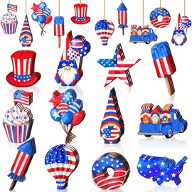 Karenhi 36 Pcs 4th of July Patriotic Ornaments for Tree Wooden Memorial Day Decorations Red White Blue Hanging Ornament America Star Gnome Wood Cutout Independence Day Decor for Home Tree(Stylish)