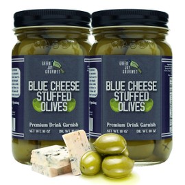 Green Jay Gourmet Blue Cheese Stuffed Olives – Cheese Stuffed Green Olives for Cocktail Garnish & Cheese Board – Dirty Martini Olives – Gourmet Olives – All Natural – Large – 2 x 16 Ounces