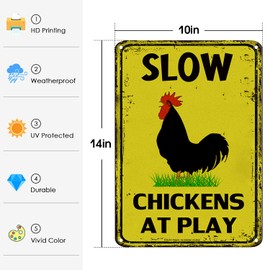 Slow Chickens at Play Caution or Chicken Crossing Sign, 14x10 Inch Rust Free Aluminum Metal Sign,Reflective,Fade Resistant,UV Protected,Weatherproof Up to 7 Years Indoor/Outdoor Use
