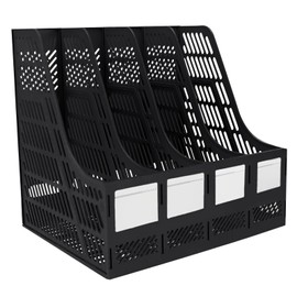 Elezeal A4 Magazine File Holder 4 Vertical Compartments Bookshelf Document Folder File Divider Desk Organizer Paper Box for Office Home Organization and Storage Black