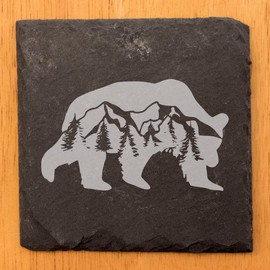 Bear Necessities: Slate Coasters with Majestic Mountain & Tree Scene - Laser Etched Rustic Drink Mats for a Wildly Stylish Home! - Square Slate - set of 8