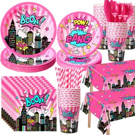 Funnymoom 219 Pcs Super Girl Birthday Party Decorations Pink Comic Hero Plates Napkins Cups Tablecloth Cutlery Straw Disposable Tableware Set for Hero Birthday Baby Shower Party Supplies, Serves24