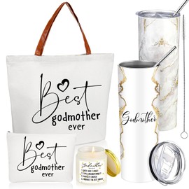 Domensi 4 Pack Godmother Gifts Set Included 20oz Stainless Steel Tumbler Cup with Straw and Lid Best Godmother Ever Gift Tote Bag Makeup Bag Scented Candle Mother Day Gift(White)
